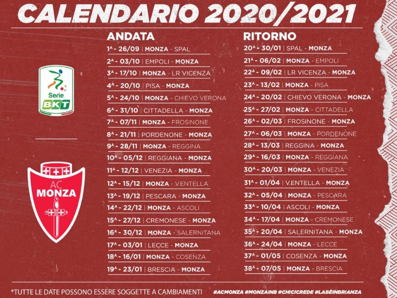 Classifica e Calendario Serie BKT Associazione Calcio Monza S.p.A.